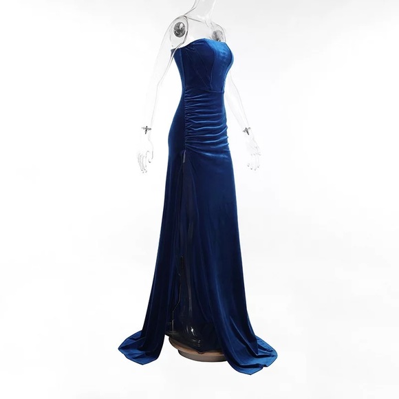 Blue Velvet High Slit Corset Maxi Gown - Picture 7 of 16